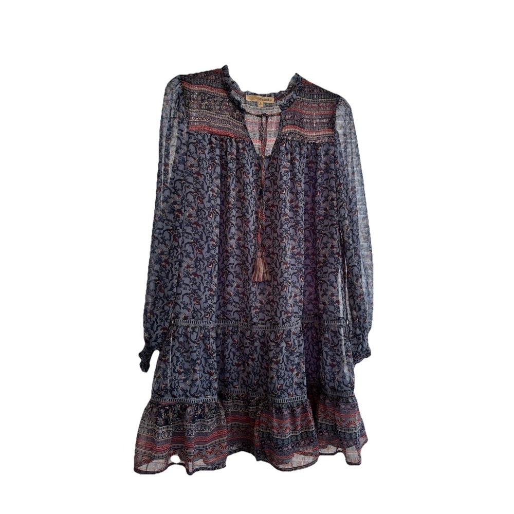 Rewind Dress Sz L Blue Tiered Ruffled Hem Lined Tie Front Sheer SI Boho